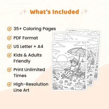 35+ Beach Sunset Coloring Pages for Kids - Tropical Ocean & Summer Vacation Printable Coloring Book PDF