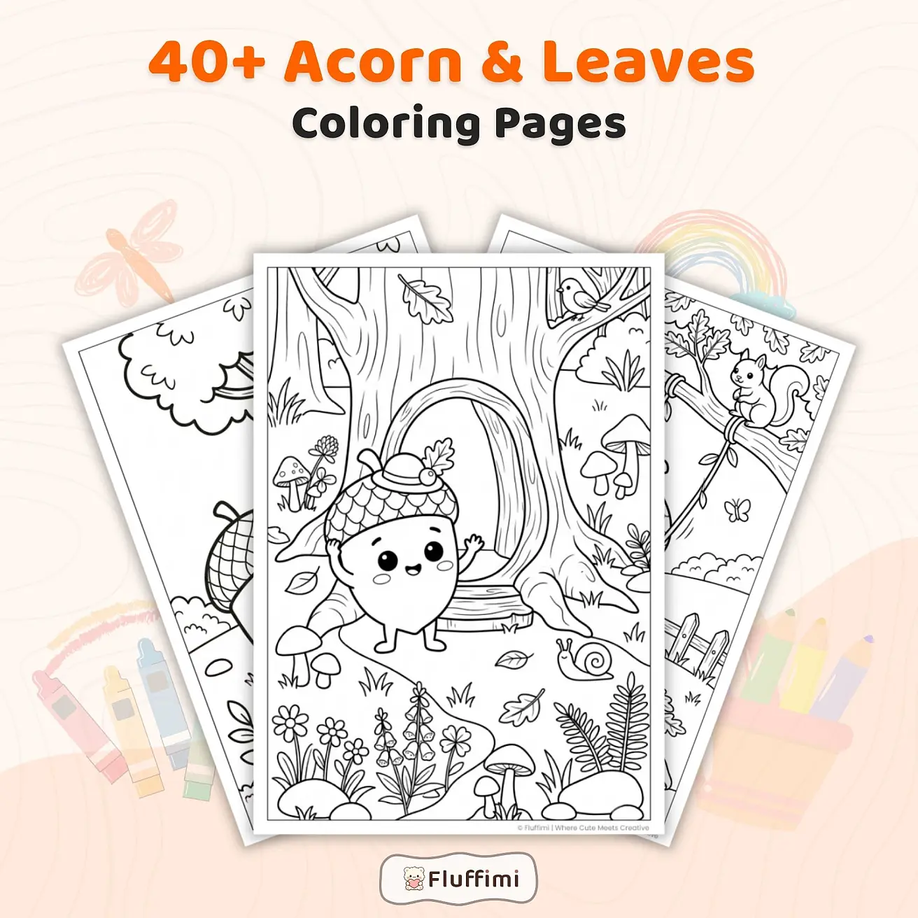 40+ Acorn & Leaves Coloring Pages for Kids – Cute Autumn Woodland Activity Book Printable PDF