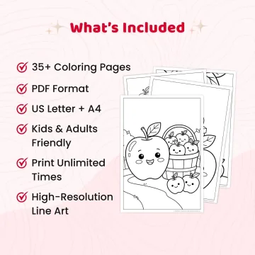 35+ Apple Coloring Pages for Adults - Kawaii Fruit, Orchard & Harvest Printable Coloring Book PDF