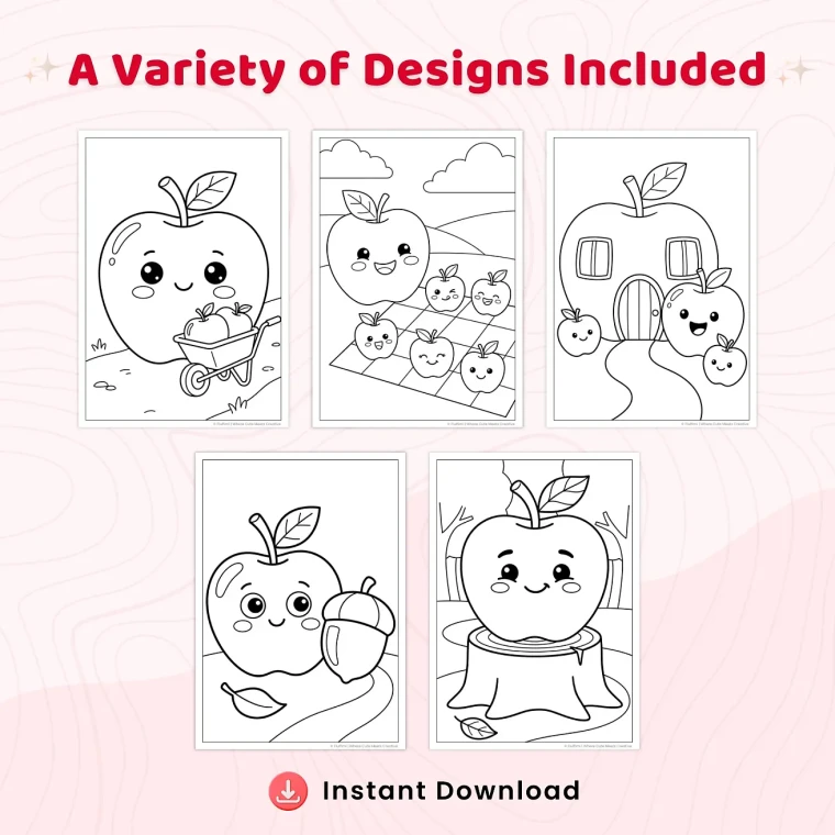 35+ Apple Coloring Pages for Adults - Kawaii Fruit, Orchard & Harvest Printable Coloring Book PDF