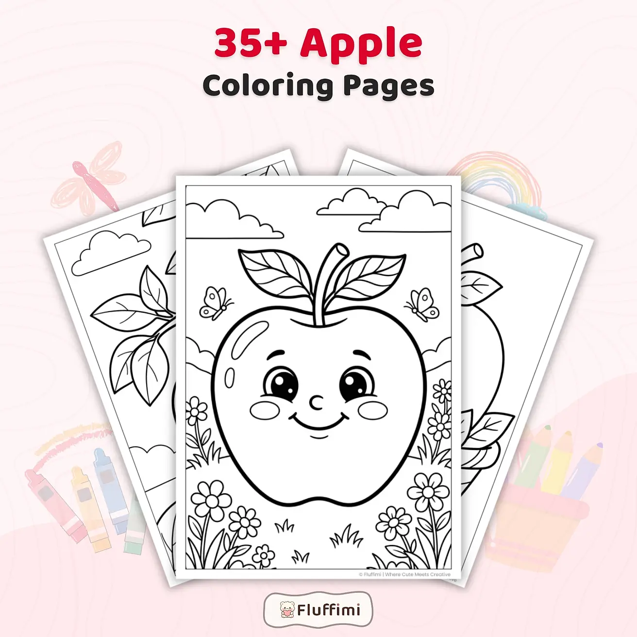 Free Apple Coloring Pages for Kids – Cute Kawaii Fruit Printable Coloring Sheet PDF