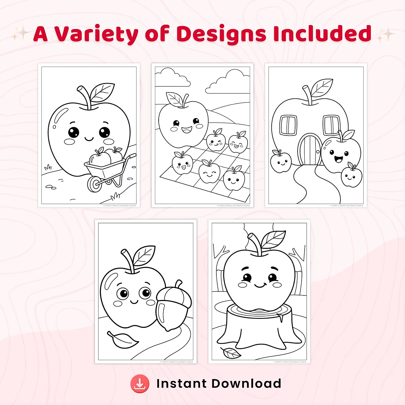 Free Apple Coloring Pages for Kids – Cute Kawaii Fruit Printable Coloring Sheet PDF