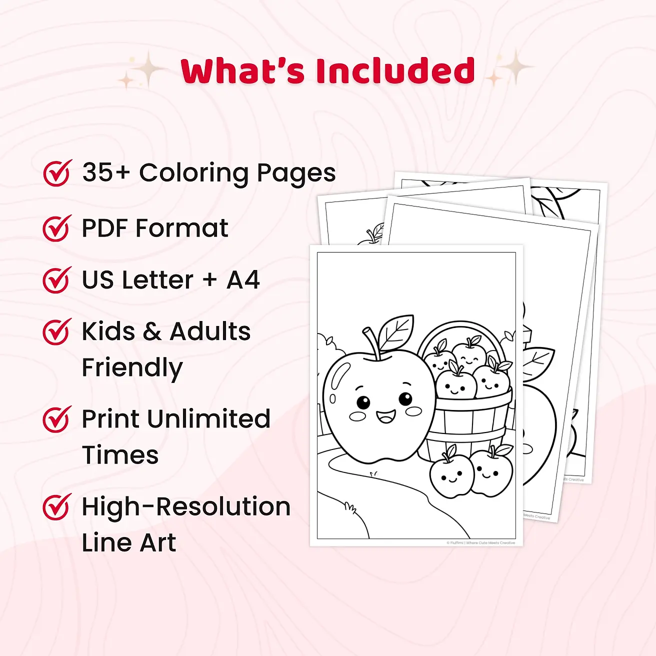Free Apple Coloring Pages for Kids – Cute Kawaii Fruit Printable Coloring Sheet PDF
