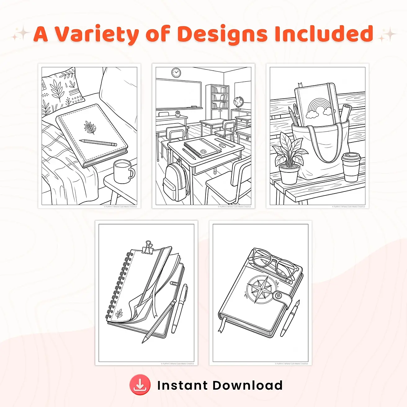 Free Notebook Doodle Coloring Pages for Kids - Cute School Stationery Printables