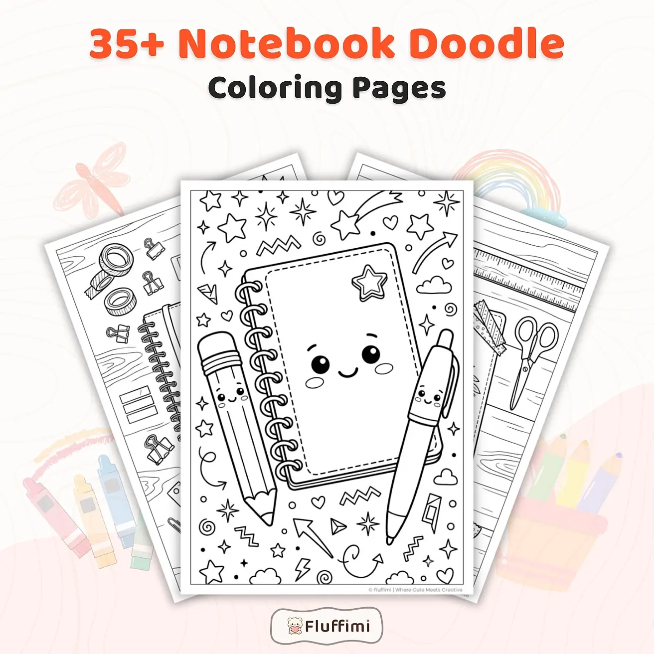 Free Notebook Doodle Coloring Pages for Kids - Cute School Stationery Printables