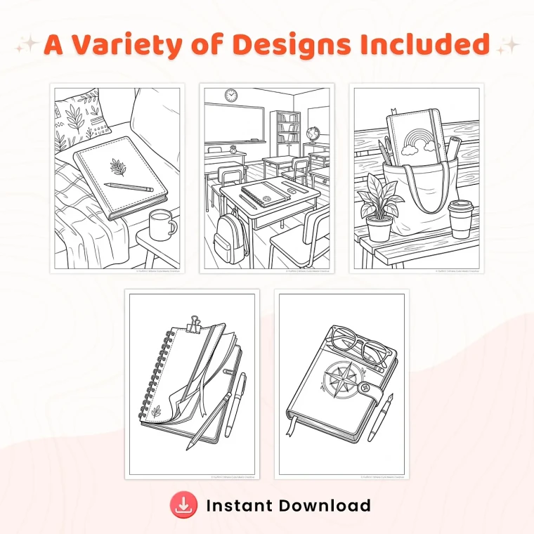 35+ Notebook Doodle Coloring Pages for Kids – Cute School Journal, Stationery & Kawaii School Supplies Printable PDF