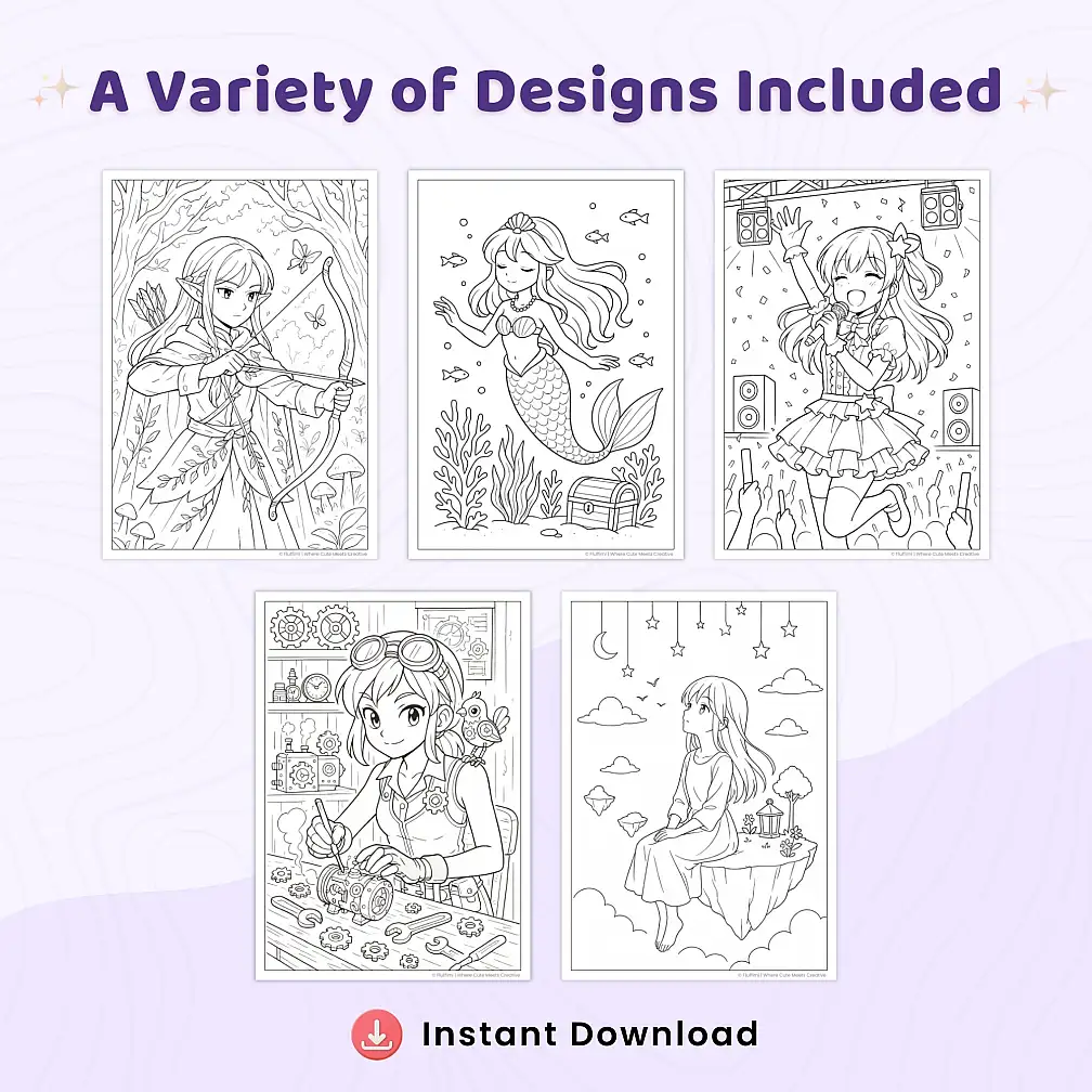 45+ Manga & Anime Fantasy Coloring Pages Bundle – Cute Girls and Fairy Designs