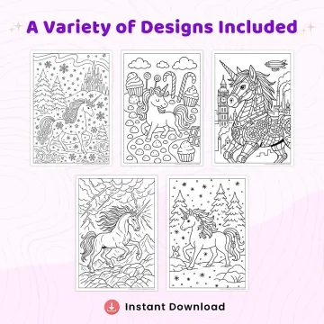 45+ Unicorn Coloring Pages Bundle – Fantasy Unicorns, Magical Castles & Enchanted Nature Scenes