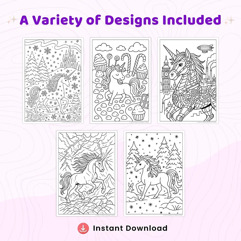 45+ Unicorn Coloring Pages Bundle – Fantasy Unicorns, Magical Castles & Enchanted Nature Scenes