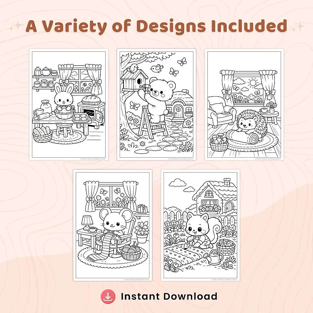 40+ Cozy Spring Homes Coloring Pages, Cottage & Garden Animal Village Scenes, Printable Spring Coloring Book PDF