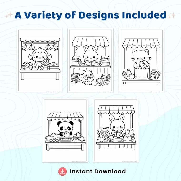 30+ Cute Animal Market Coloring Pages – Kawaii Shop, Bakery & Farmers Market Scenes