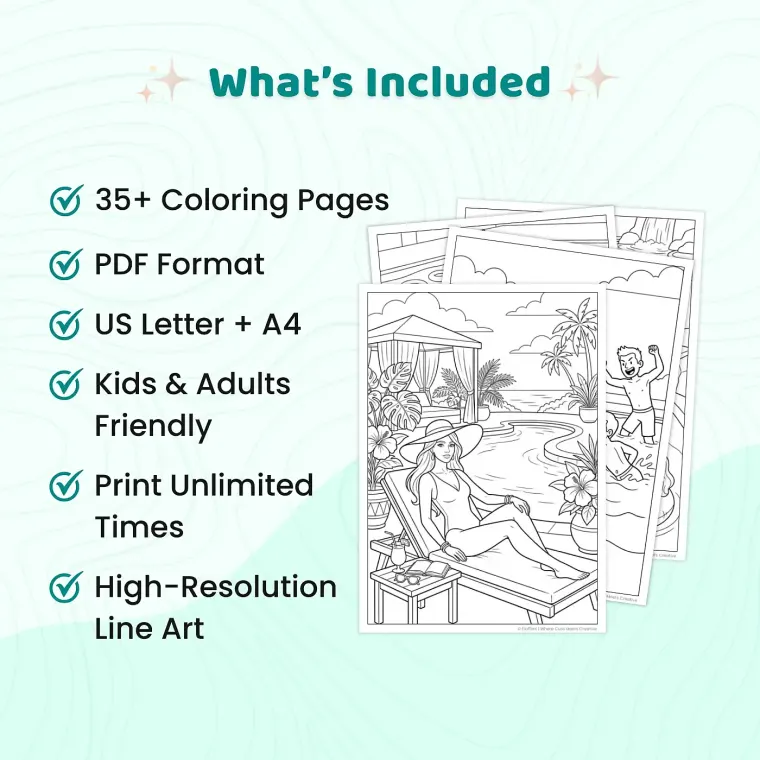35+ Pool Fun Coloring Pages for Adults and Teens, Summer Pool Party Coloring Book
