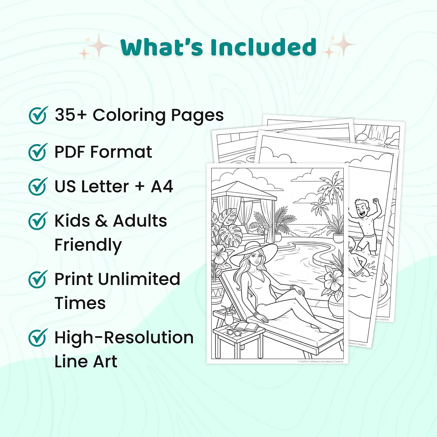35+ Pool Fun Coloring Pages for Adults and Teens, Summer Pool Party Coloring Book
