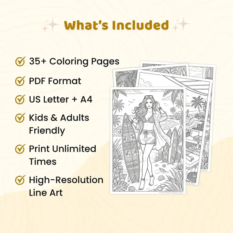 35+ Summer Fashion Girl Coloring Pages – Elegant Women, Beach Vacation & Luxury Fashion Coloring Book