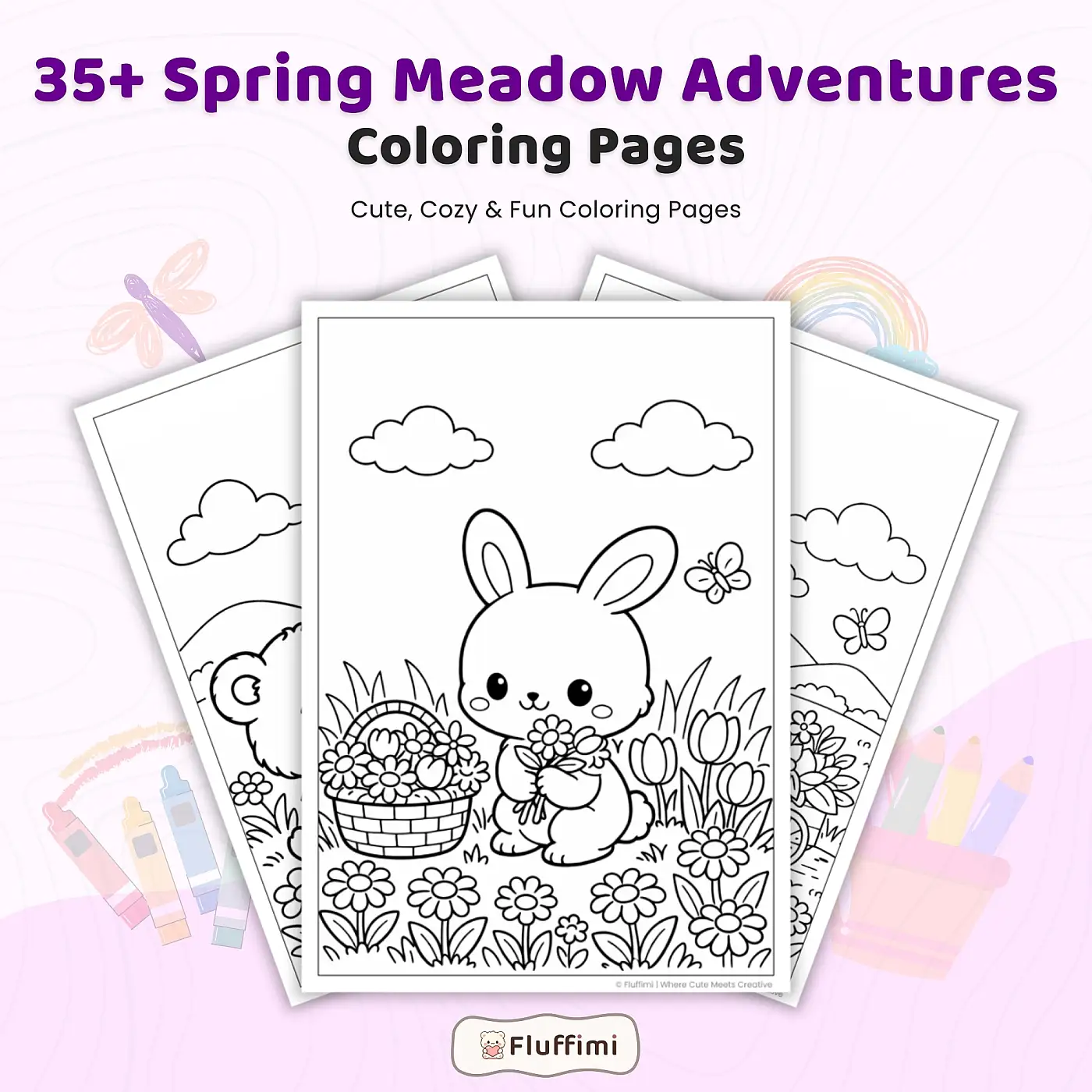 35+ Spring Meadow Adventures Coloring Pages, Cute Animals & Flower Field Scenes Printable Spring Nature PDF