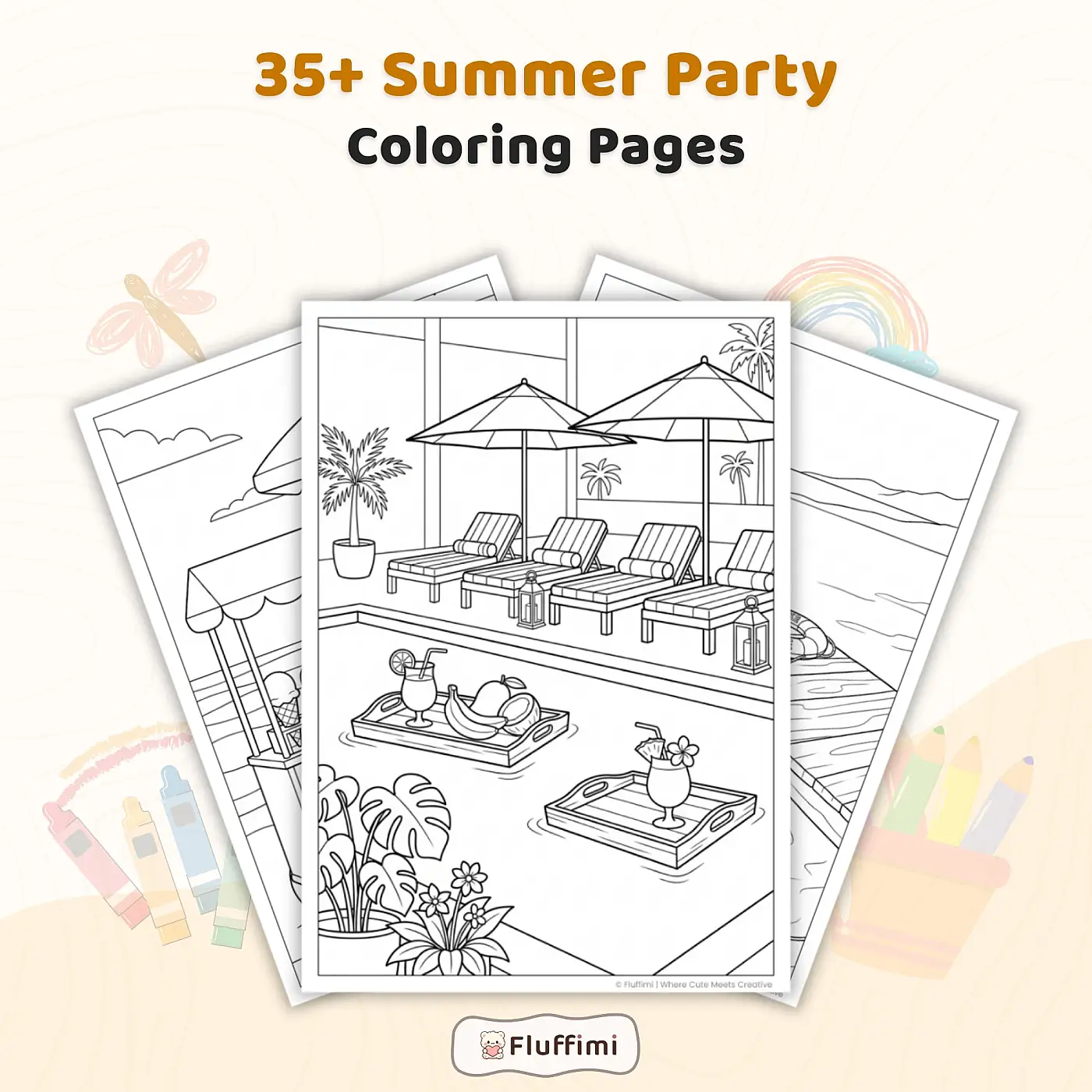 35+ Summer Party Coloring Pages for Adults, Beach Vacation & Tropical Celebration Coloring Book