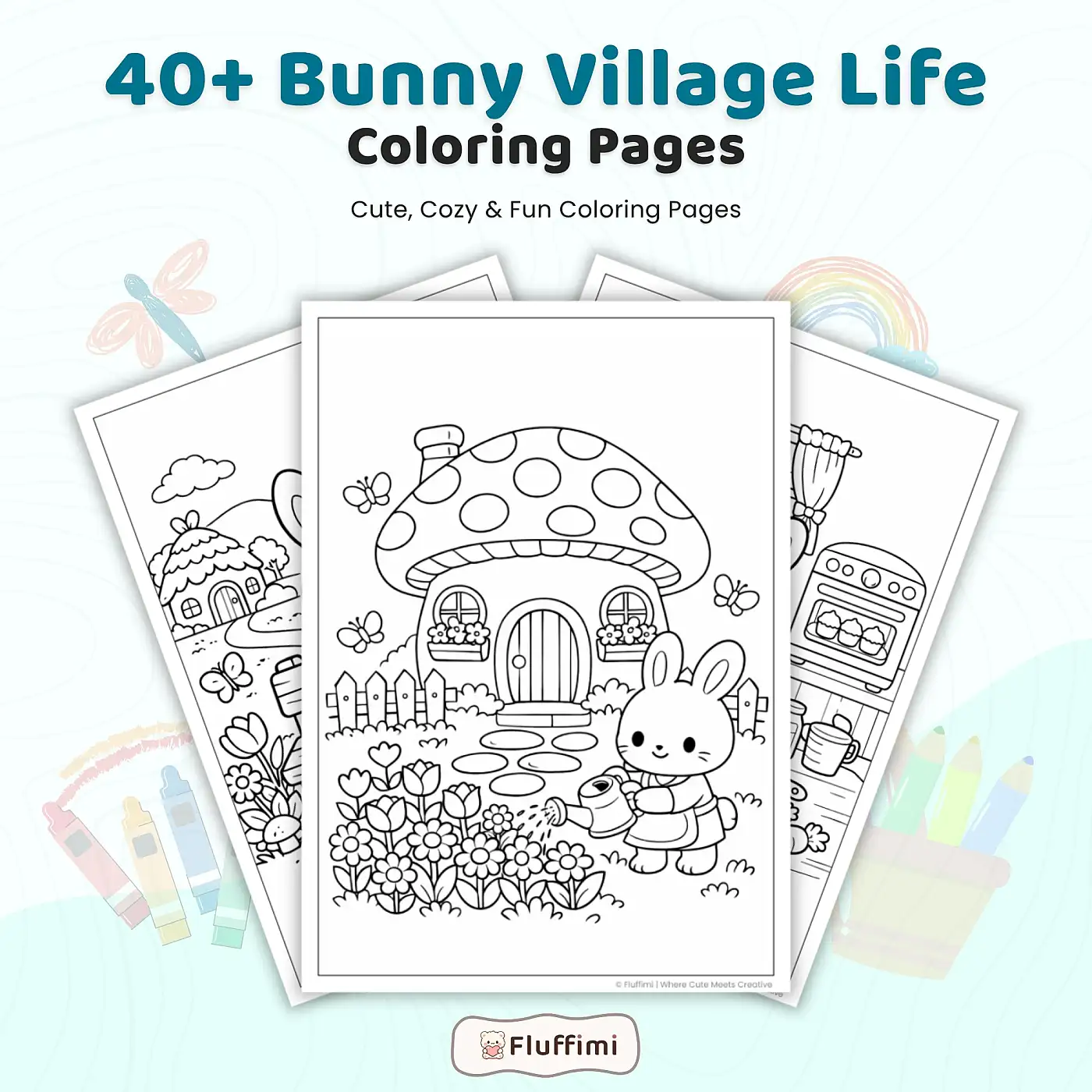 40+ Bunny Village Life Coloring Pages, Cozy Rabbit Cottage & Countryside Coloring Book PDF