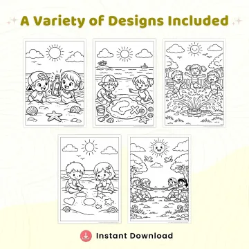40+ Summer Fun Adventures Coloring Pages, Kids Beach and Vacation Activities Coloring Book PDF