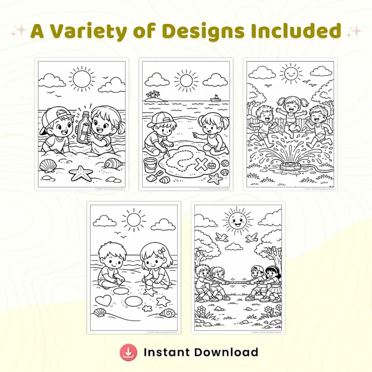 40+ Summer Fun Adventures Coloring Pages, Kids Beach and Vacation Activities Coloring Book PDF