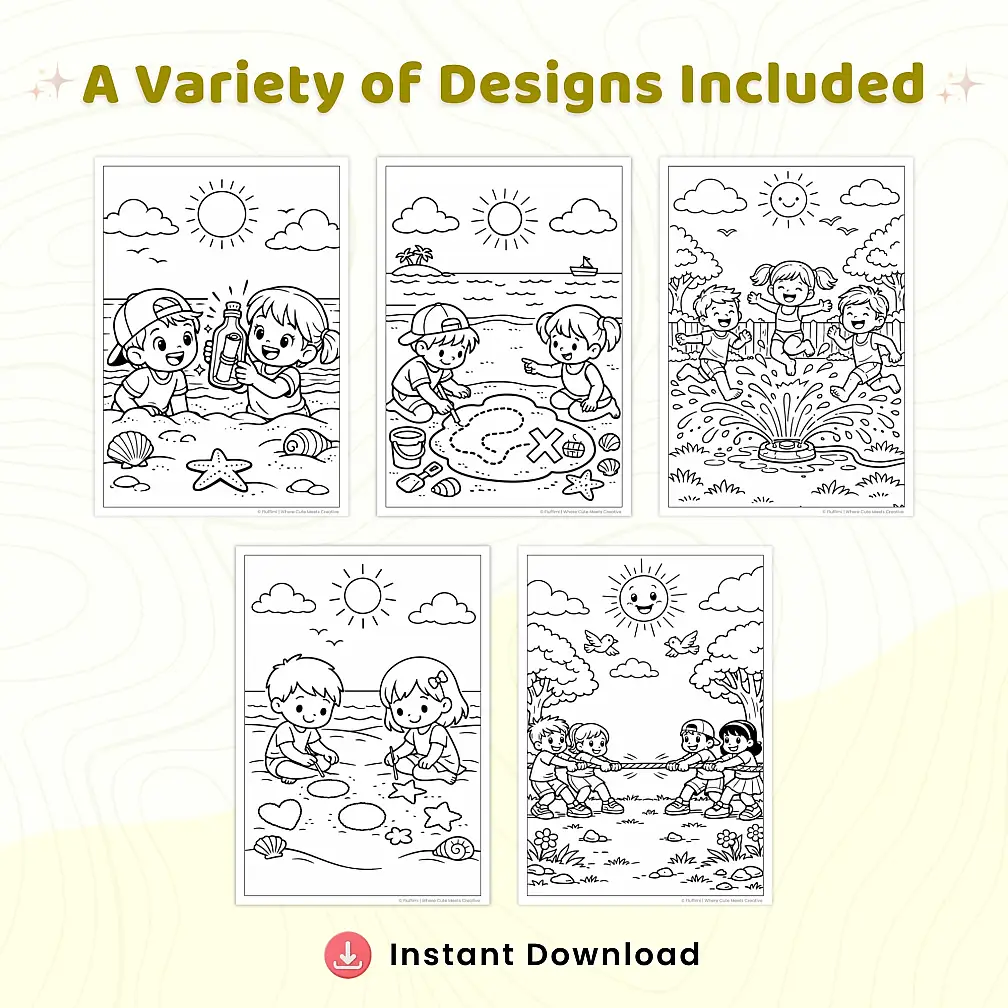 40+ Summer Fun Adventures Coloring Pages, Kids Beach and Vacation Activities Coloring Book PDF