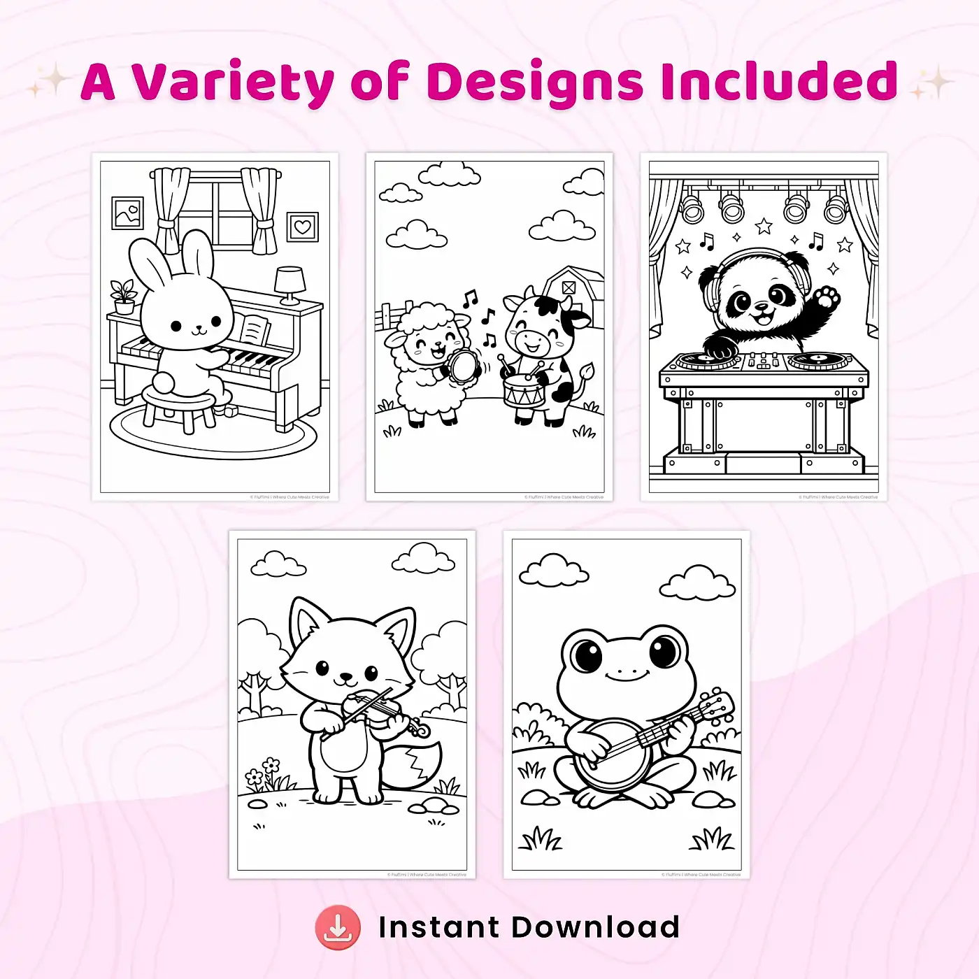 30+ Animal Music Band Coloring Pages, Cute Animal Musicians and Concert Coloring Book PDF