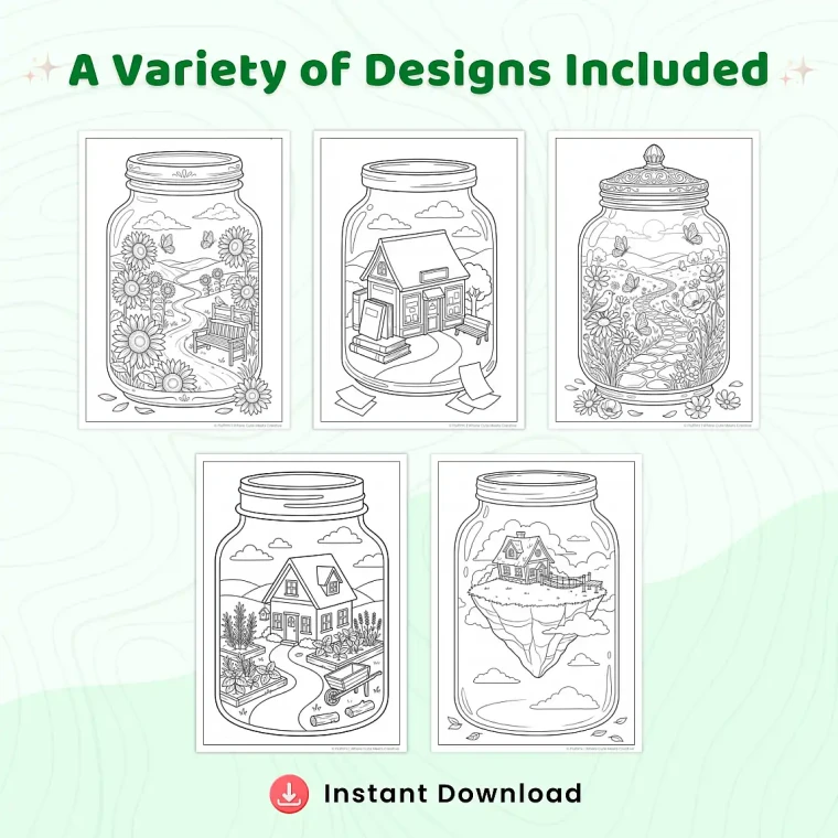 Freebie Peaceful Jar Relaxing Scenes Coloring Pages