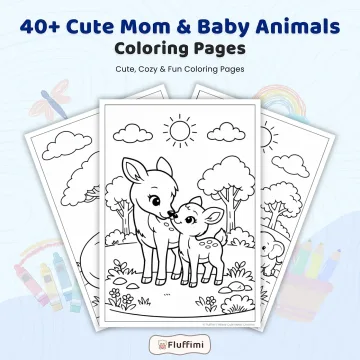 40+ Cute Mom and Baby Animals Coloring Pages, Animal Family Coloring Book, Kawaii Wildlife & Farm Animal Printable PDF