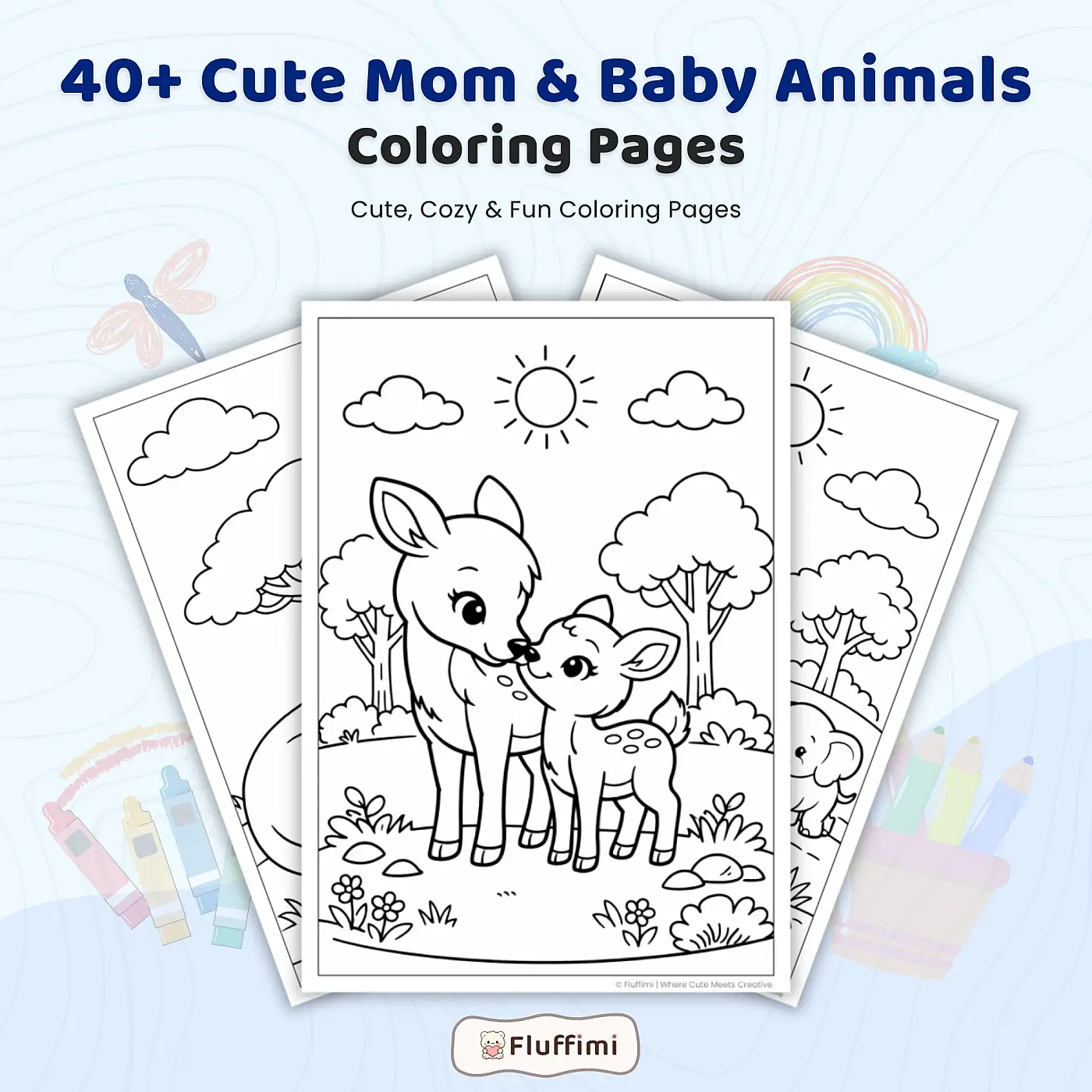 40+ Cute Mom and Baby Animals Coloring Pages, Animal Family Coloring Book, Kawaii Wildlife & Farm Animal Printable PDF