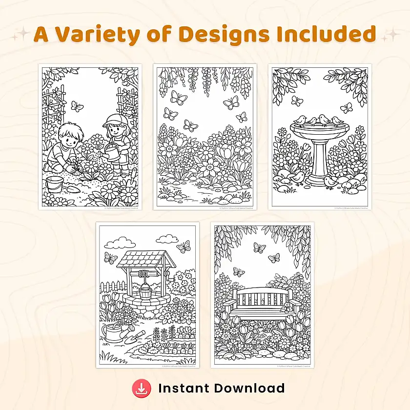 45+ Spring Garden Coloring Pages, Flower Garden Scenes, Cozy Nature Gardens and Gardening Activities Printable PDF