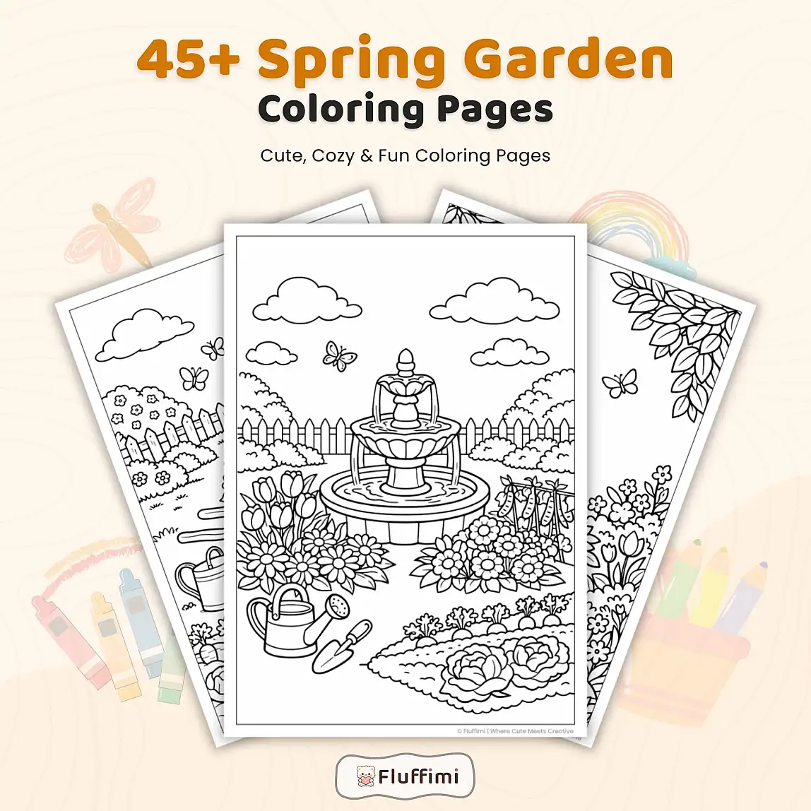 45+ Spring Garden Coloring Pages, Flower Garden Scenes, Cozy Nature Gardens and Gardening Activities Printable PDF