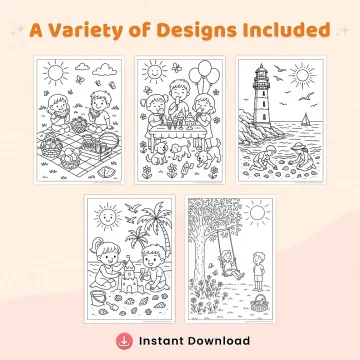 Summer Coloring Pages Printable PDF Bundle for Kids, Teens & Adults