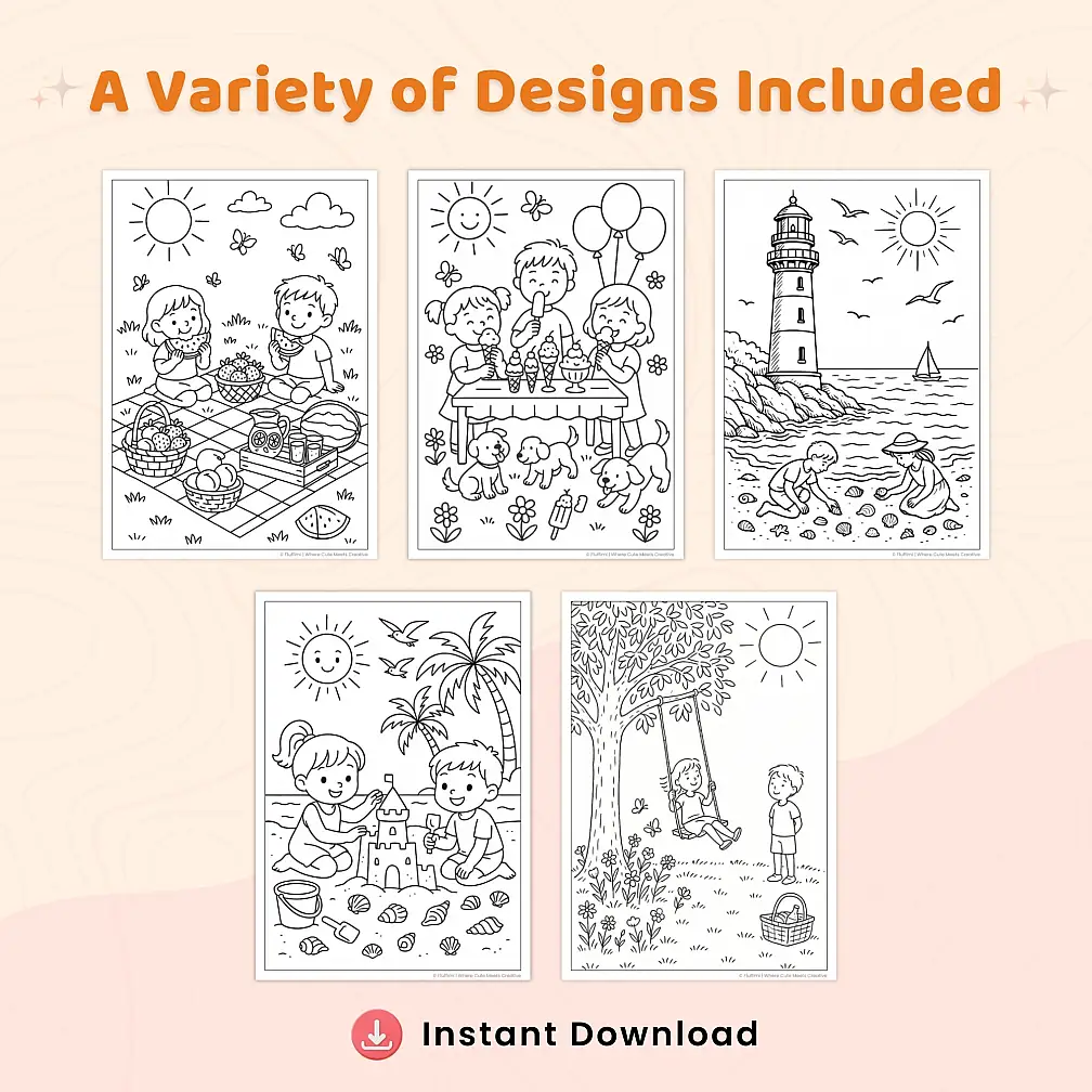 Summer Coloring Pages Printable PDF Bundle for Kids, Teens & Adults