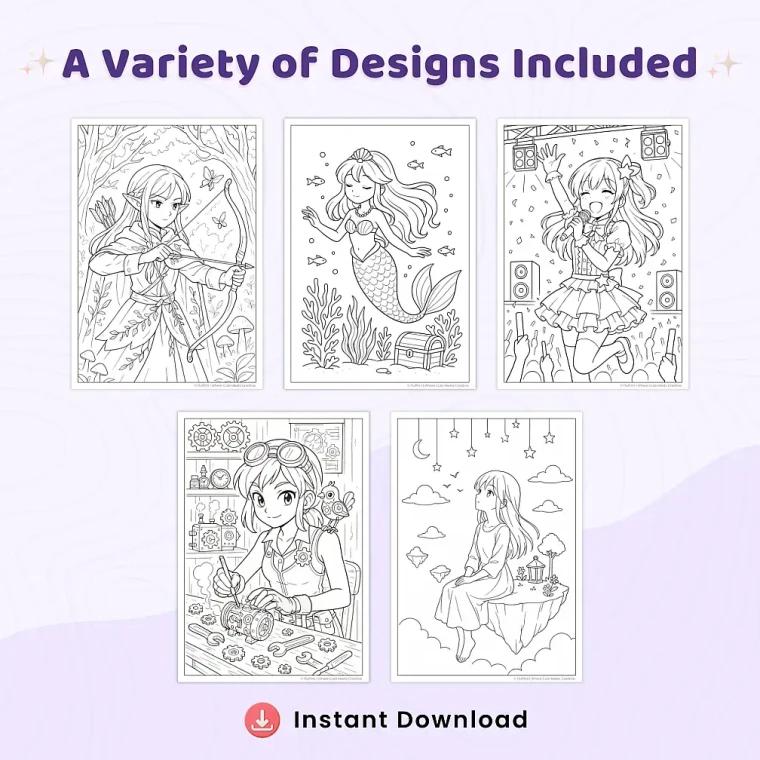 45+ Manga Coloring Pages for Kids and Adults, Cute Anime Girls, Fantasy Fairies Coloring Book PDF
