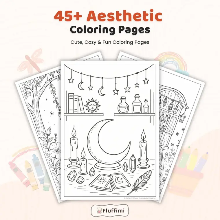 45+ Aesthetic Coloring Pages Bundle – 45+ Cozy Fantasy Rooms & Whimsical Home Scenes