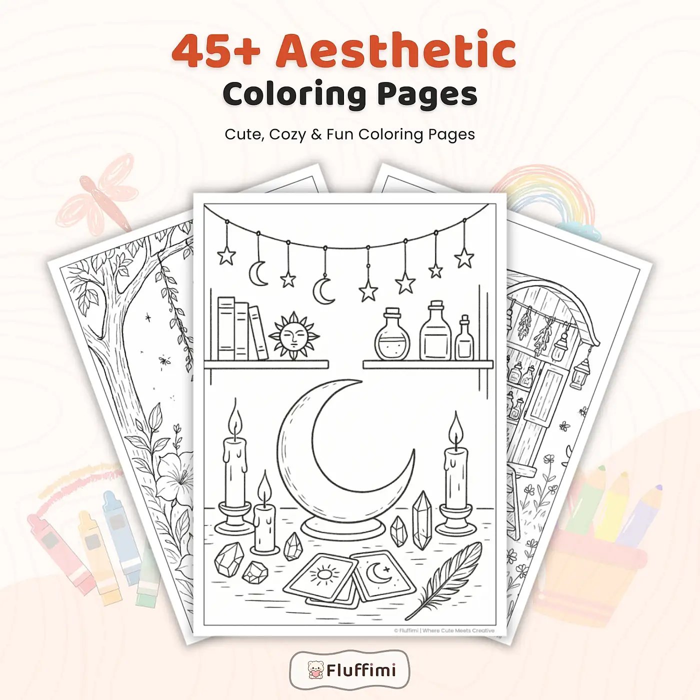 45+ Aesthetic Coloring Pages Bundle – 45+ Cozy Fantasy Rooms & Whimsical Home Scenes