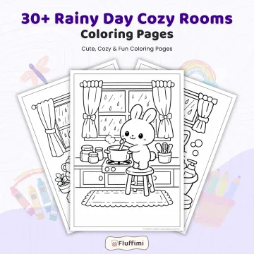 30+ Rainy Day Cozy Room Coloring Pages, Kawaii Animal Indoor Comfort Coloring Book PDF