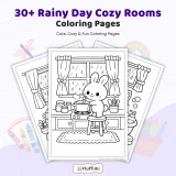 30+ Rainy Day Cozy Room Coloring Pages, Kawaii Animal Indoor Comfort Coloring Book PDF