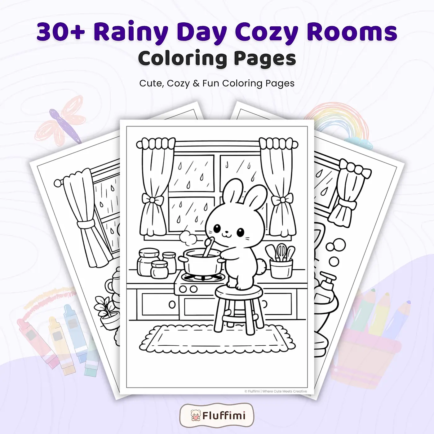 30+ Rainy Day Cozy Room Coloring Pages, Kawaii Animal Indoor Comfort Coloring Book PDF