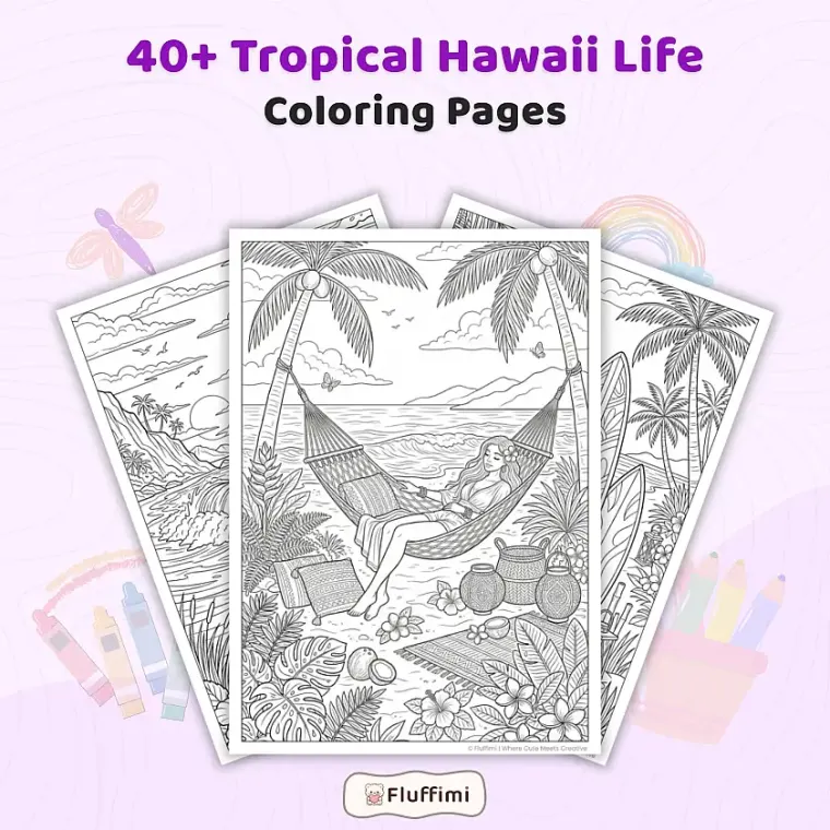 40+ Hawaii Coloring Pages, Detailed Tropical Island and Beach Paradise Coloring Book PDF