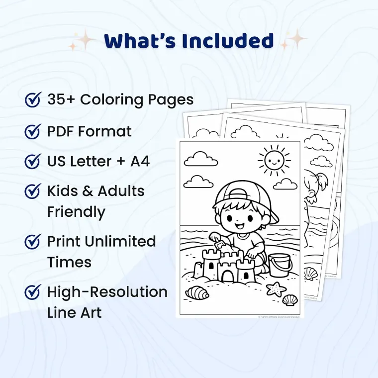 35+ Beach and Sunshine Days Coloring Pages, Kids Summer Beach Activities Coloring Book PDF
