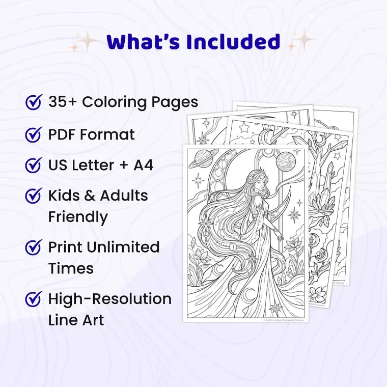 35+ Space Magical & Celestial World Coloring Pages for Adults, Cosmic Fantasy Coloring Book