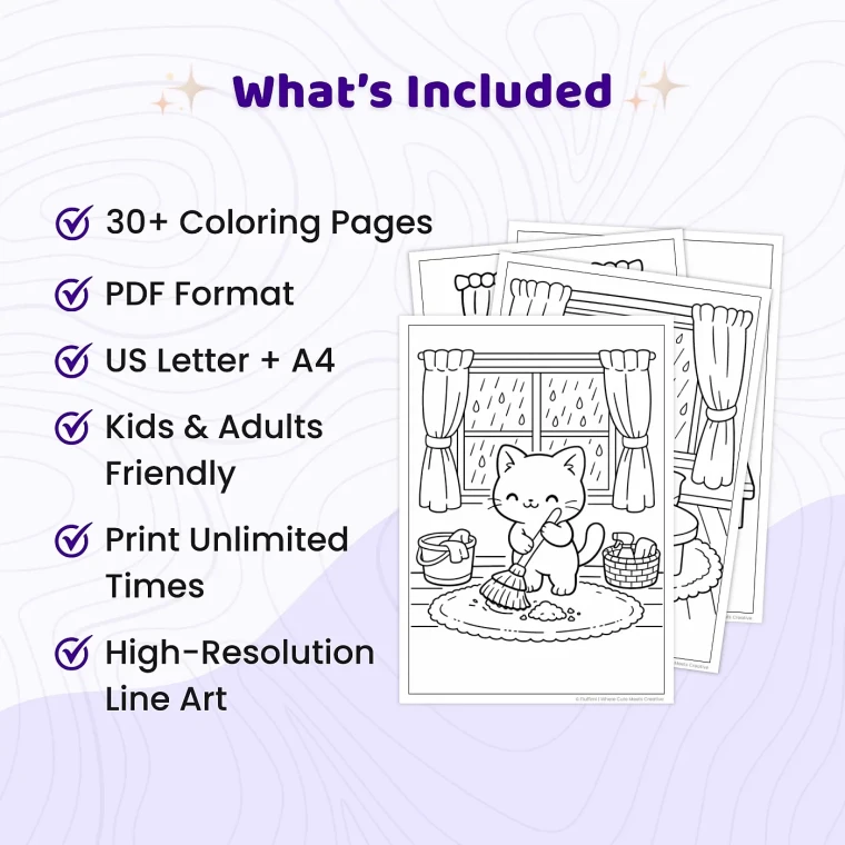 30+ Rainy Day Cozy Room Coloring Pages, Kawaii Animal Indoor Comfort Coloring Book PDF