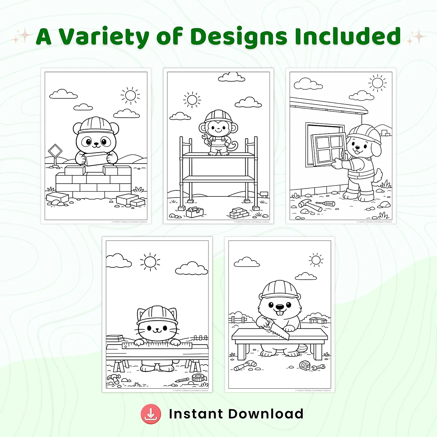 30+ Animal Construction Site Coloring Pages, Cute Builder Animals and Construction Vehicle Coloring Book PDF