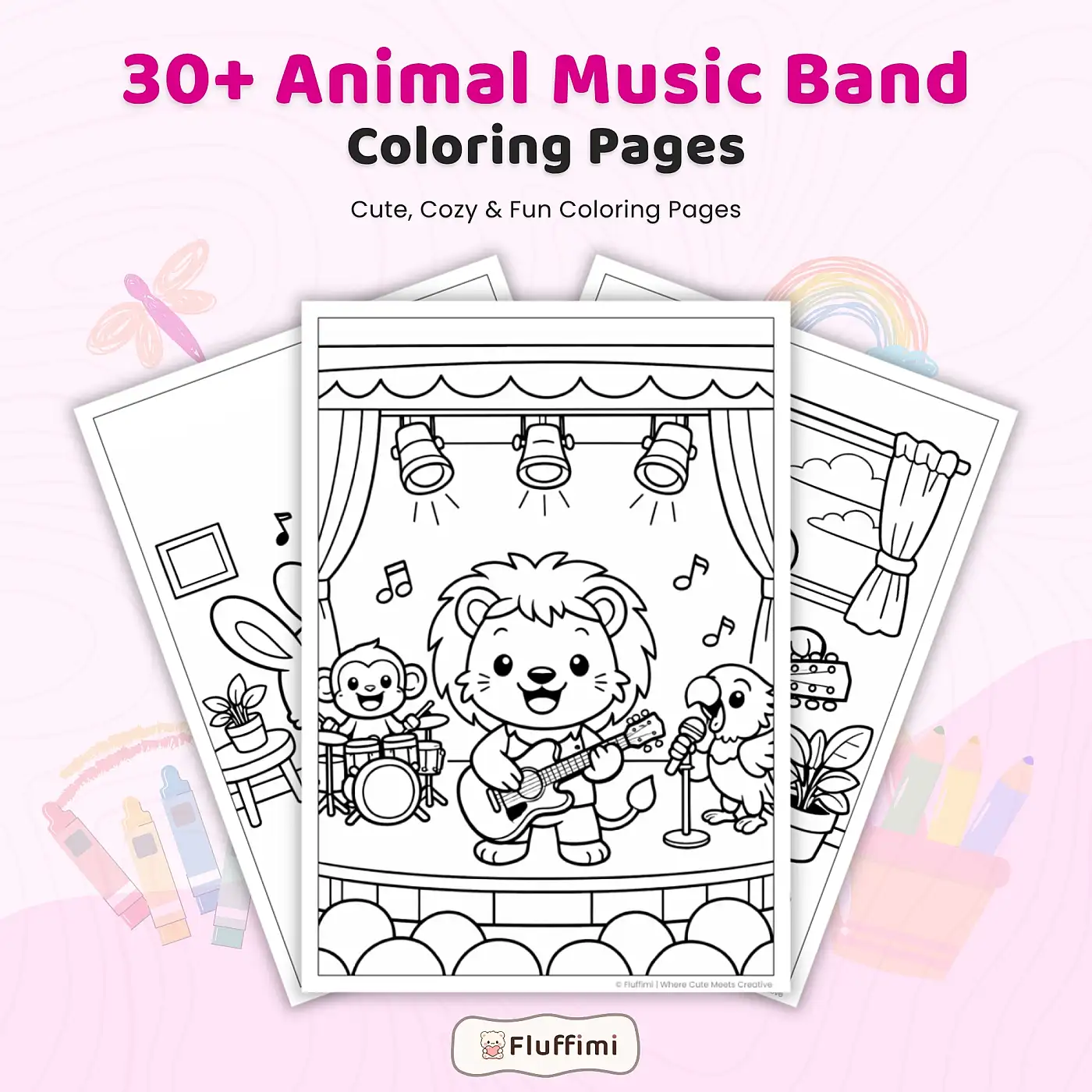 30+ Animal Music Band Coloring Pages, Cute Animal Musicians and Concert Coloring Book PDF