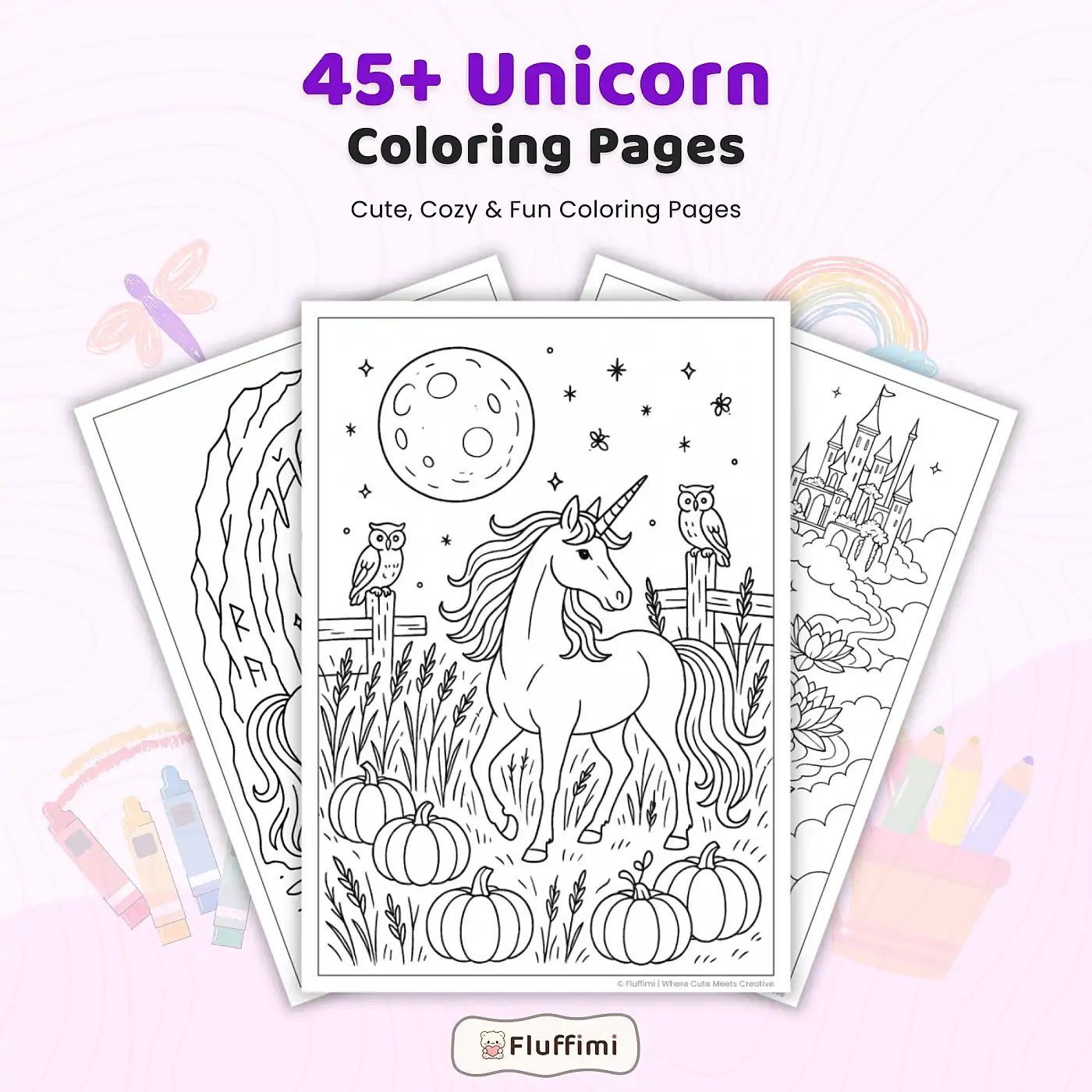 45+ Unicorn Coloring Pages Bundle – Fantasy Unicorns, Magical Castles & Enchanted Nature Scenes