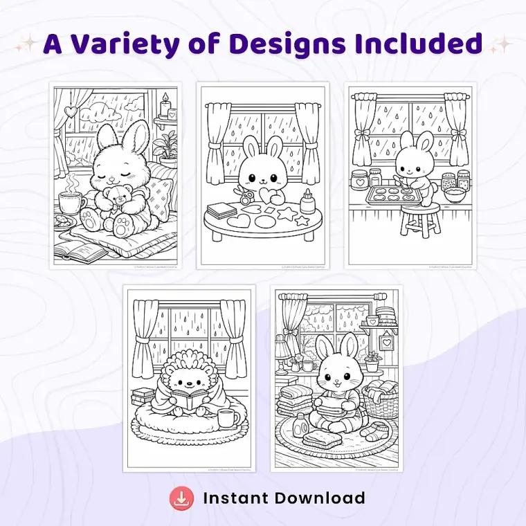 30+ Rainy Day Cozy Room Coloring Pages, Kawaii Animal Indoor Comfort Coloring Book PDF