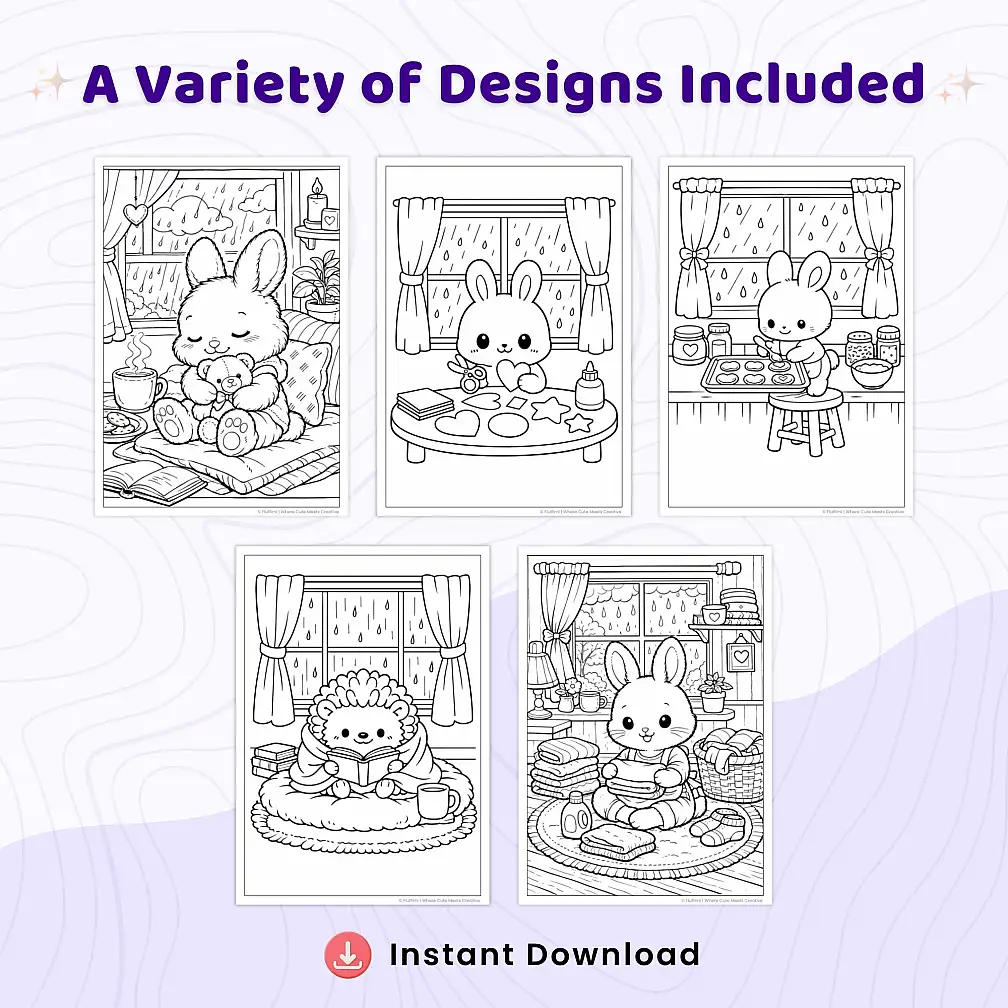 30+ Rainy Day Cozy Room Coloring Pages, Kawaii Animal Indoor Comfort Coloring Book PDF