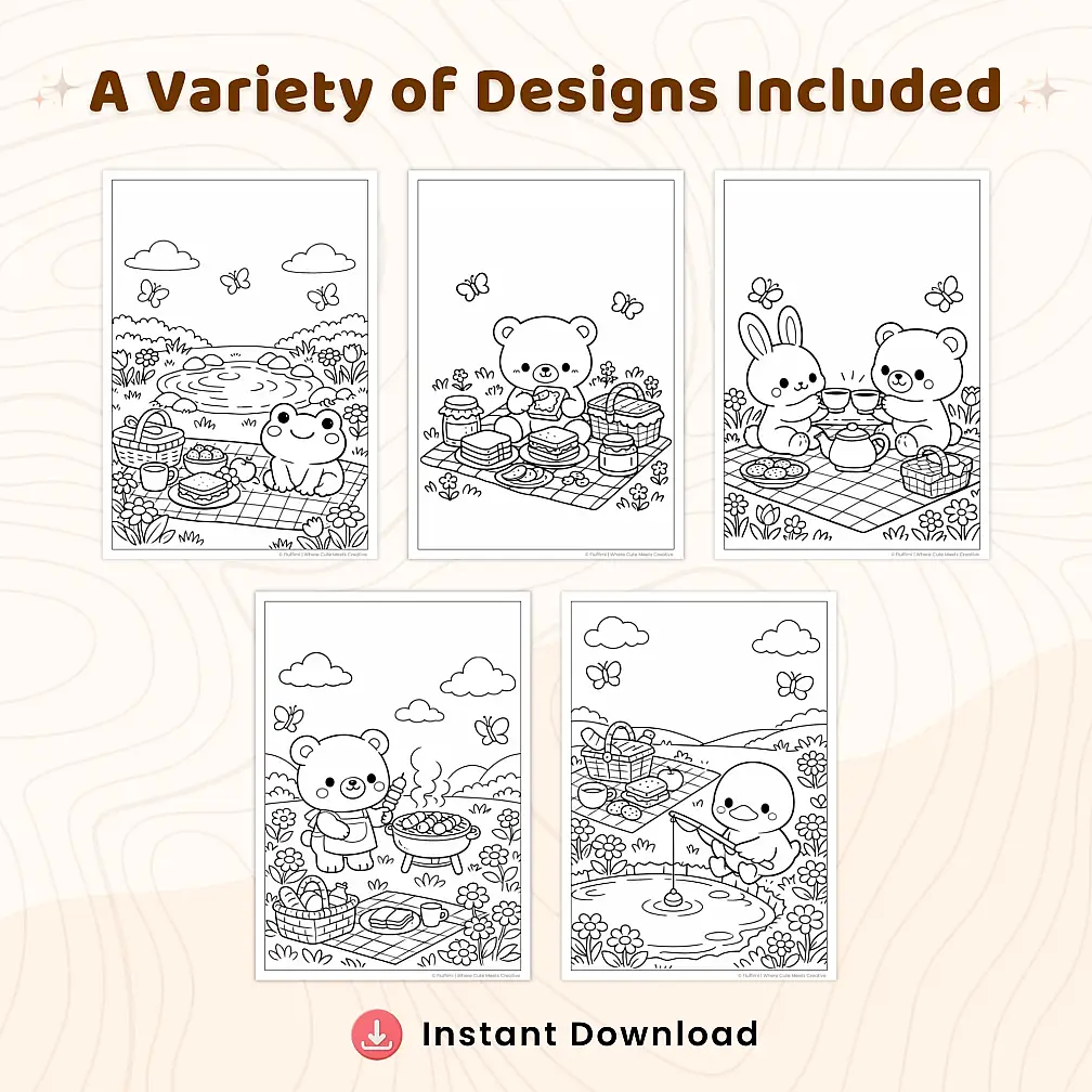 30+ Spring Picnic Friends Coloring Pages, Cute Animal Picnic & Meadow Coloring Book PDF