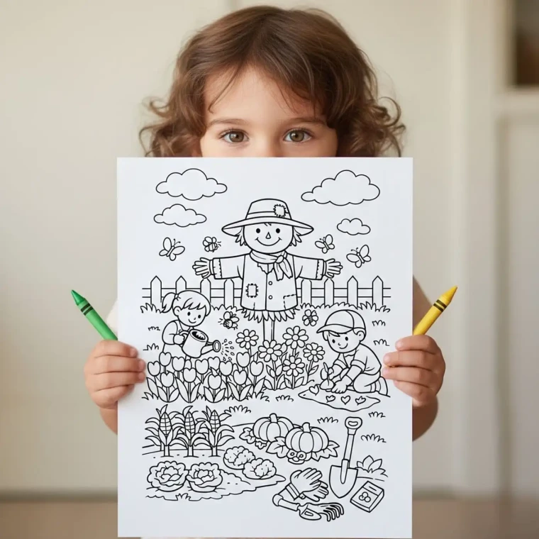 45+ Spring Garden Coloring Pages, Flower Garden Scenes, Cozy Nature Gardens and Gardening Activities Printable PDF