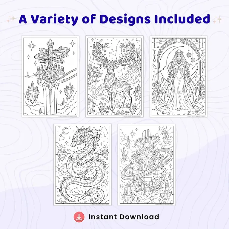 35+ Space Magical & Celestial World Coloring Pages for Adults, Cosmic Fantasy Coloring Book